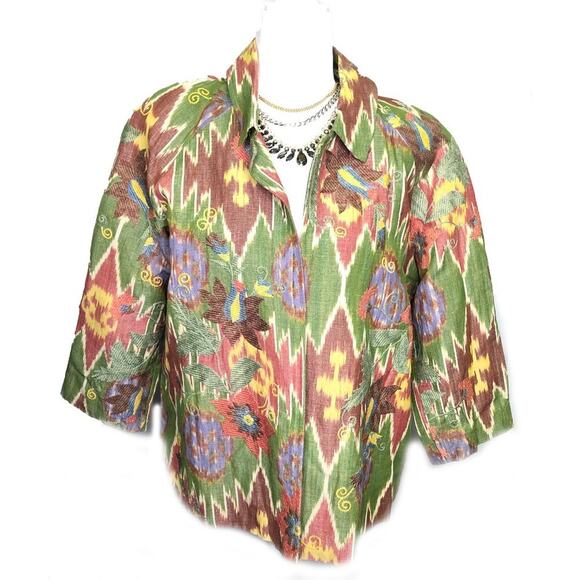 Coldwater Creek Embroidered Open Front Linen Jacket L Green Rust Blue - Picture 1 of 5